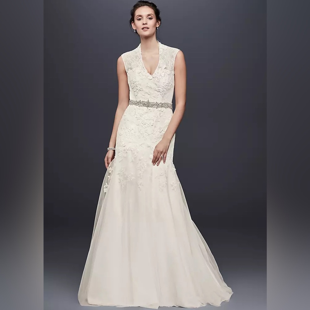 Melissa Sweet Ivory Lace V-Neck Bridal Gown with Beaded Sash